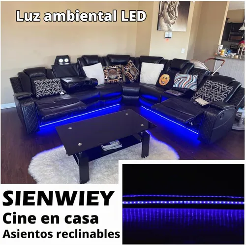 Vista 7 de Sofá Seccional Reclinable Eléctrico, Sofá Modular Seccional Reclinable de Cuero Negro, Sofá de Cuero en Forma de L con Luces LED/Cargador