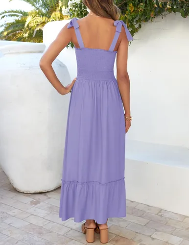 Vista 3 de ZESICA - Vestido largo, bohemio de verano para mujer, acampanado, con tirantes delgados, cuello cuadrado y volantes, vestido largo para la playa