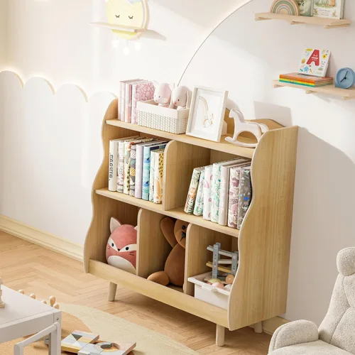 Vista 3 de Estantería para niños y organizador de juguetes Treocho, estantería de madera para niños de 3 niveles con diseño curvo, 5 compartimentos
