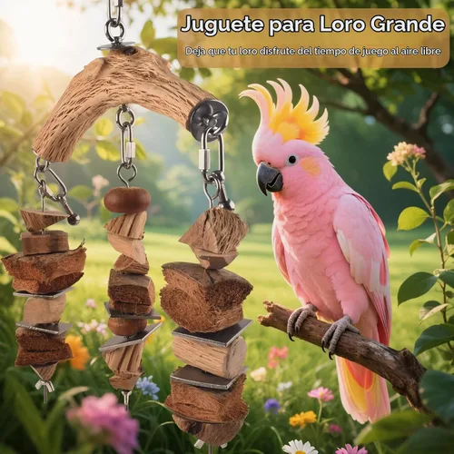 Vista 4 de DBNESS - Juguetes de loros para pájaros, colgantes medianos y grandes, bloques de madera para masticar con jaula de masticar natural de acero