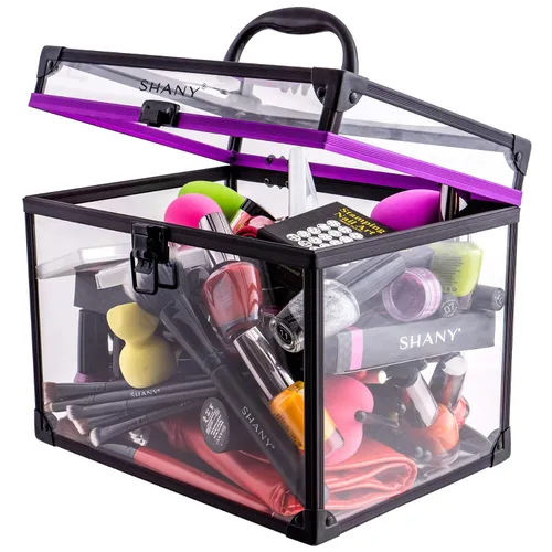 Vista 3 de SHANY Estuche transparente para cosméticos y artículos de tocador, organizador de maquillaje de viaje extra grande con cierre seguro y detalles negro