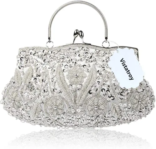 Vista 2 de Vistatroy Bolso de noche de diseño floral con cuentas con diseño de lentejuelas vintage cierre de beso bolso de mano de satén bolso de mano