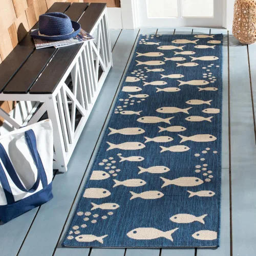 Vista 15 de SAFAVIEH Alfombra lavable para exteriores, colección Patio de 2.3 x 12 pies, color azul y beige, no desprende pelusa y fácil de limpiar, ideal