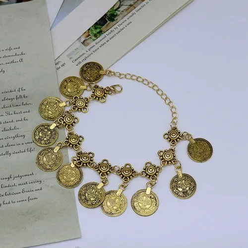 Vista 4 de FUAHXYES Pulseras encantadoras de monedas bohemias vintage de verano ajustables con borlas para la playa, tobilleras de cadena descalza para mujeres
