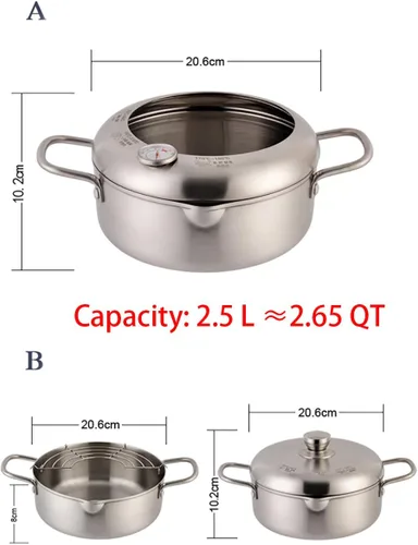 Vista 2 de Olla para freír Tempura de acero inoxidable, mini sartén profunda con escurridor, con termómetro de 7.9 pulgadas (7.9 in) (A)