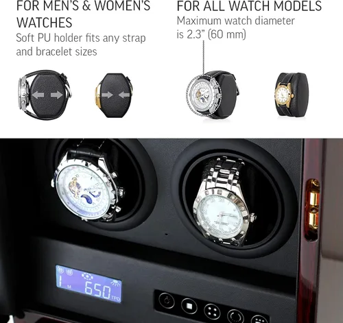 Vista 4 de Enrollador de 4 relojes con retroiluminación LED, 2 relojes y cajón de almacenamiento de joyas, pantalla LCD y control remoto