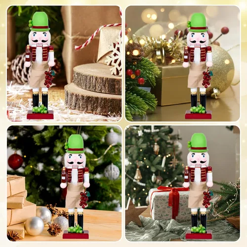 Vista 7 de Chef Bartender Cascanueces Decoraciones Navideñas - Figuras de Madera Hechas a Mano de 15 Pulgadas con Botella de Cerveza Copa de Vino Uva Temática