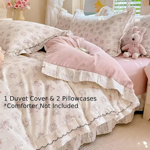 Vista 5 de Funda de edredón de algodón floral tamaño individual con volantes de encaje 100% algodón para adolescentes y niñas, juego de ropa de cama de 3