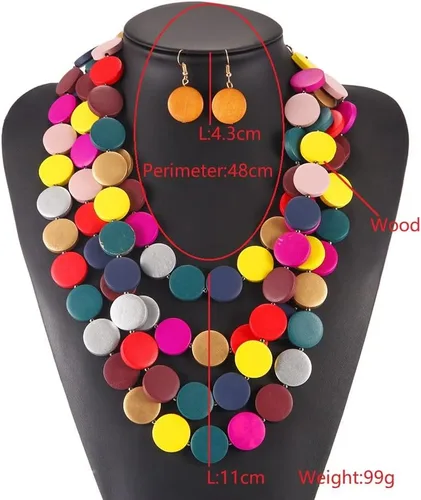 Vista 2 de Chunky Wooden Choker Necklace and Earrings Set for Women Girls,Colorful Bib Layered Necklace Boho Earrings,Handmade Statement African Jewelry Gifts