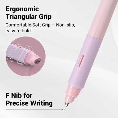 Vista 2 de WRITECH Pluma estilográfica de agarre suave: Plumín fino con tinta negra y 3 cartuchos de tinta y 1 juego de repuesto de plumín, escritura suave Rosa