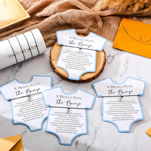 Vista 4 de Henoyso Juego de 25 pulseras de baby shower para invitados, niños y niñas, regalos de fiesta con mensaje ajustable de The Bump Card, pulseras de Azul