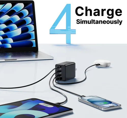 Vista 4 de Bloque de cargador USB C de 200 W, cargador plegable GaN5 súper rápido de 4 puertos USB C, bloque de carga dual de 65 W tipo C, adaptador de carga