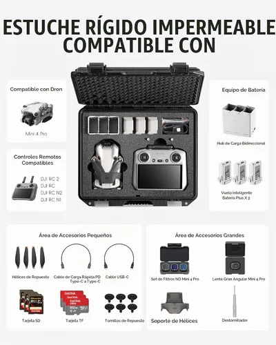 Vista 2 de Carcasa rígida impermeable para DJI Mini 4 Pro Fly More Combo (RC 2/RC-N3) - Funda de transporte para drones a prueba de golpes IP67, caja de Para