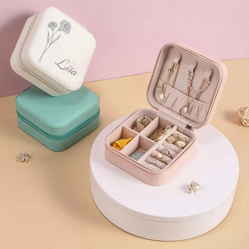Vista 6 de Joyero personalizado con tu nombre y mes de la flor de nacimiento, organizador personalizado de 4 x 4 pulgadas, estuche de viaje personalizado