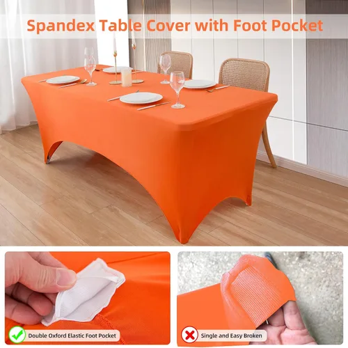 Vista 2 de Paquete de 4 manteles de elastano naranja sin arrugas para mesas plegables rectangulares de 6 pies, manteles elásticos ajustables de 6 pies