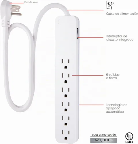 Vista 2 de GE Pro Multicontacto con protector contra sobretensiones de 6 tomas, extensión de 2 pies, 620 julios, regleta de enchufes, enchufe plano