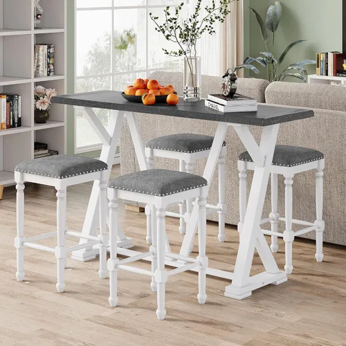 Vista 19 de Farmhouse - Juego de comedor rústico de 5 piezas con 4 taburetes, juego de mesa consola de madera con acabado de dos tonos, para comedor pequeños