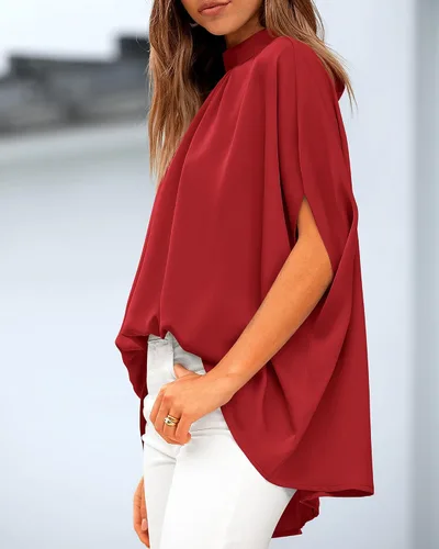 Vista 24 de BTFBM Blusas de verano para mujer, cuello alto falso, manga murciélago, holgadas, dobladillo alto y bajo, blusas informales de gran