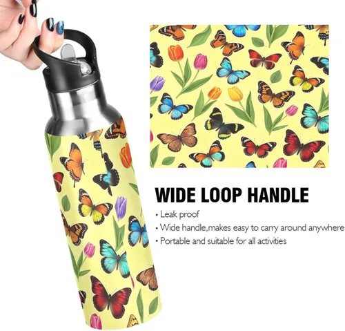 Vista 4 de Stainless Steel Vacuum Insulated Water Bottle 32 Oz, Leakproof Water Bottles for Gym Outdoor Travel School, Colorful Butterflies Tulips Yellow