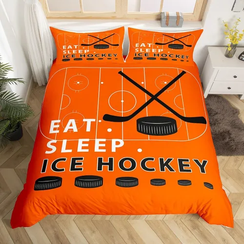 Vista 23 de Erosebridal Hockey Twin Duvet Cover for Boys,Blue and Black Sports Bedding Sets for Kids Teen,Ball Games Gamer Bed Set,Ice Hockey Field Quilt Cover