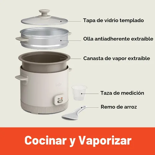 Vista 3 de Arrocera BELLA de 16 tazas con vaporizador, cesta de cocción a vapor apta para lavavajillas, paleta de arroz y taza medidora, recipiente de cocción