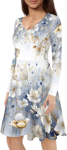 Vista 4 de GLUDEAR Vestido de manga larga con cuello en V y volantes con estampado 3D de Van Gogh para mujer
