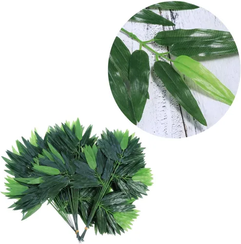 Vista 3 de Hojas artificiales de bambú, 50 hojas de vegetación falsas de 17.71 x 9.44 pulgadas, paneles de hojas de bambú simuladas para decoración del hogar