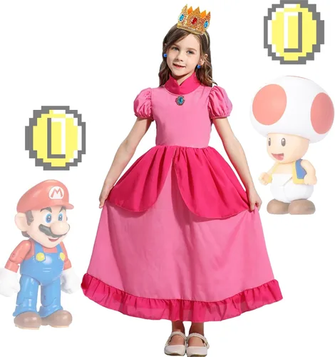 Vista 6 de Popuid Girls Princess Peach Costume Dress with Crown Gloves Wand Handbag, Funny Kids Super Bros Theme Party Halloween Outfits