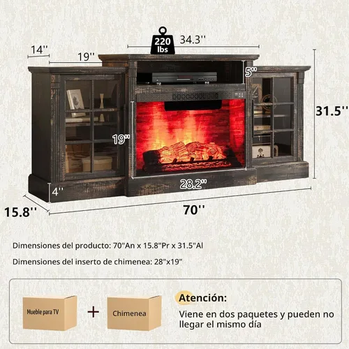 Vista 3 de AMERLIFE Soporte de TV con chimenea de 70 pulgadas para televisores de hasta 80 pulgadas, consola multimedia con armarios de almacenamiento