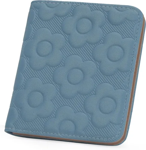 Vista 16 de Billetera para mujer, delgada y pequeña, billetera compacta con RFID, plegable, compacta, para mujer, cartera de cuero en relieve 3D con soporte