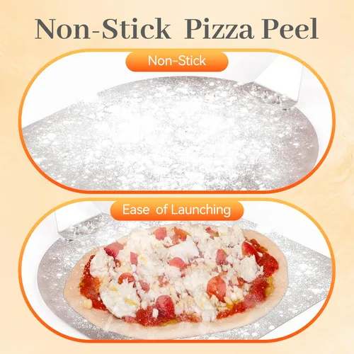 Vista 6 de Pala cuadrada de pizza de 12 pulgadas, espátula de pizza de acero inoxidable con mango largo ergonómico de madera para hornear al horno de pizza