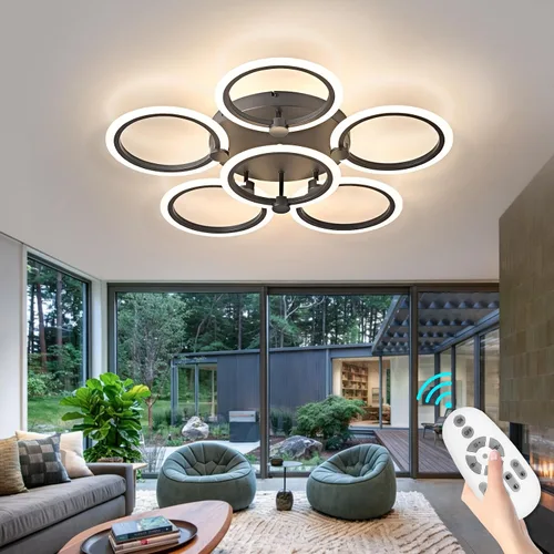 Vista 12 de Lámpara de techo LED, lámpara de techo moderna de 6 anillos, 77 W regulable 3000K a 6500K, luz de techo blanca con control remoto para sala
