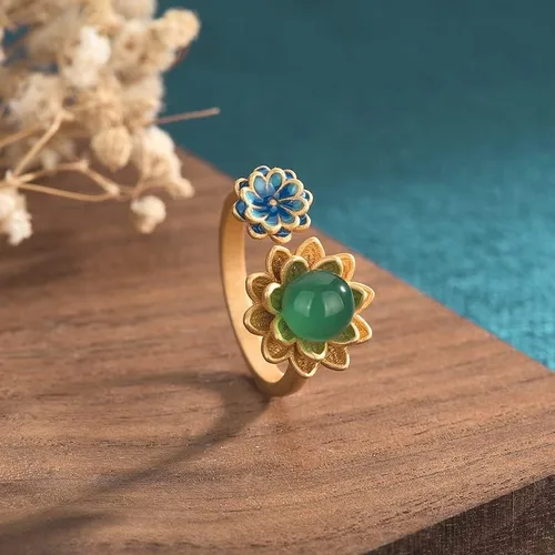 Vista 5 de Anillos de jade de loto chino para mujer, anillo étnico ajustable de apertura, Esmalte, No