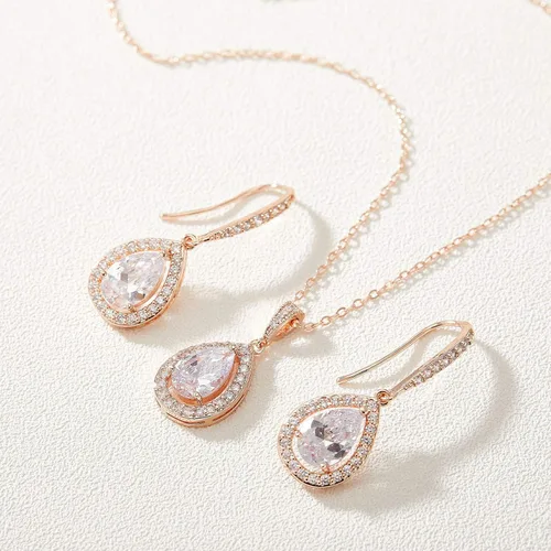 Vista 6 de SWEETV Juegos de joyas de boda de lágrima de cristal para novias y damas de honor, diamantes de imitación, circonita cúbica, collar y aretes
