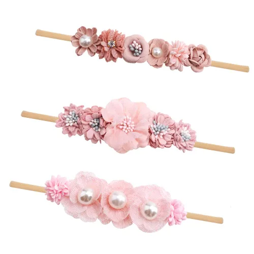 Vista 13 de cherrboll 3 diademas de flores para bebé, súper suaves y elásticas, de nailon, para recién nacidas