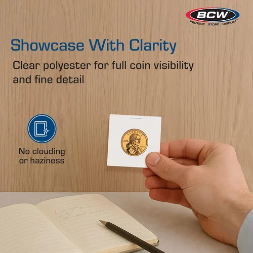 Vista 5 de BCW Monedas de 2 x 2 para monedas pequeñas en dólares – Paquete de 100 Ventana de poliéster archival Monedas de 2 x 2 para monedas Sacagawea