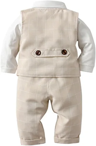 Vista 26 de IDOPIP Trajes de otoño e invierno para niños pequeños, camisa de manga larga con corbatín + chaleco + pantalones largos, overoles
