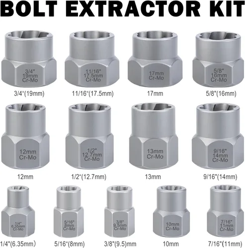 Vista 4 de Kit de extractor de pernos, juego de 14 piezas de extracción de pernos y tuercas con adaptador de 3/8 pulgadas, juego de extractor de pernos rayados