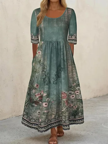 Vista 5 de Vestido largo con estampado floral para mujer, manga corta, con bolsillos, para uso casual de verano