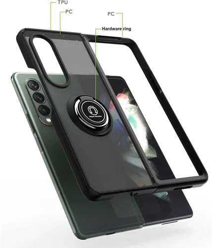 Vista 4 de TJS - Funda compatible con Samsung Galaxy Z Fold 3 5G (negro) Resistente a los impactos 360 grados giratorio anillo de metal titular gota cubierta