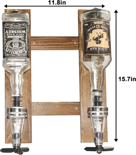 Vista 4 de Dispensador de licor montado en la pared de 2 botellas, estante de pared de madera para bar en casa, dispensador de bebidas de vidrio para fiestas