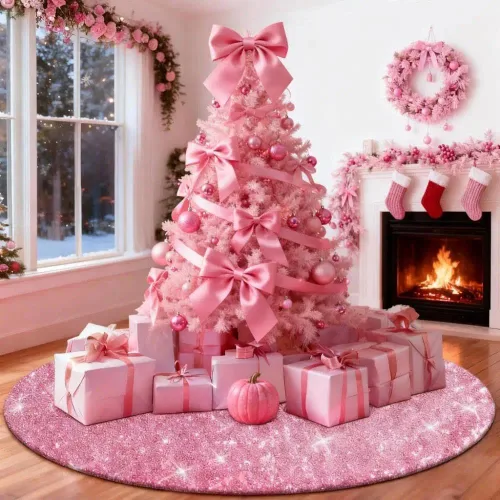 Vista 9 de Falda de Árbol de Navidad Rosa, Falda de Árbol de Lentejuelas Brillantes Rosa de 36 Pulgadas, Alfombrillas de Árbol de Navidad de Purpurina