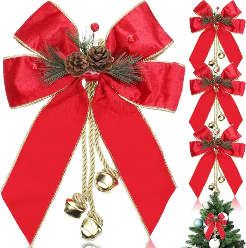 Vista 14 de Yinkin Corona de Árbol de Navidad Lazo Lazos de Cinta de Navidad con Campanas 11 x 7.8 pulgadas Terciopelo Cono de Pino Lazo Adornos Colgantes