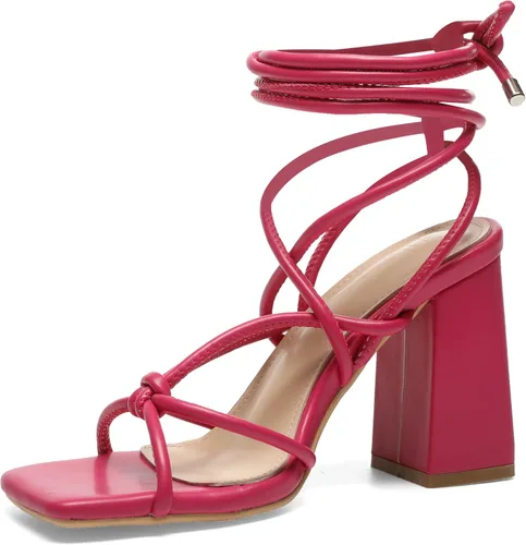 Vista 7 de Sandalias de tacón grueso con cordones para mujer, bonitas sandalias de tacón de bloque para mujer, elegantes y sexys con punta cuadrada Desnudo
