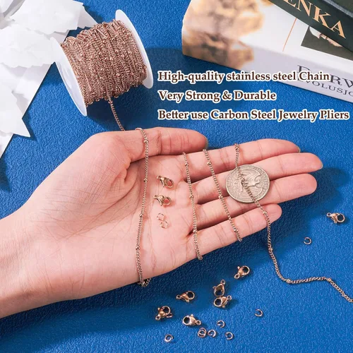 Vista 5 de KISSITTY Cadenas de satélite de oro rosa de 16.4 pies de acero inoxidable 304 soldadas con cierres de anillos de salto, cadena de bricolaje