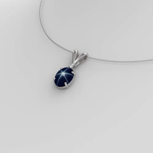 Vista 3 de Collar de Zafiro Azul Estrella Genuino en Plata de Ley 925 / Forma Ovalada