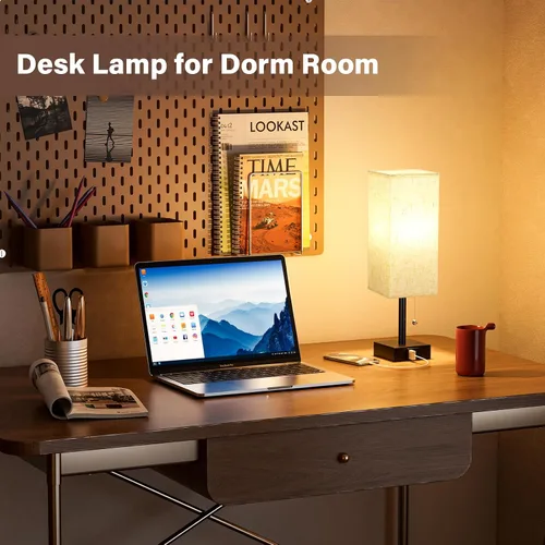 Vista 4 de Fenmzee Juego de 2 lámparas de noche para dormitorio, pequeña lámpara rectangular para mesita de noche con puerto de carga USB A C, luz