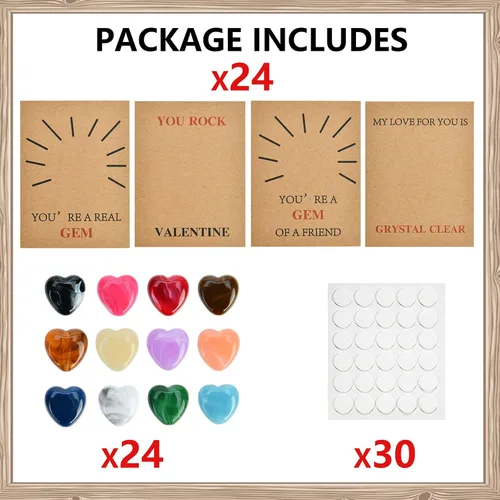 Vista 3 de Paquete de 24 tarjetas de San Valentín con gemas para el día de San Valentín, tarjetas con piedra de cristal en forma de corazón, divertida tarjeta