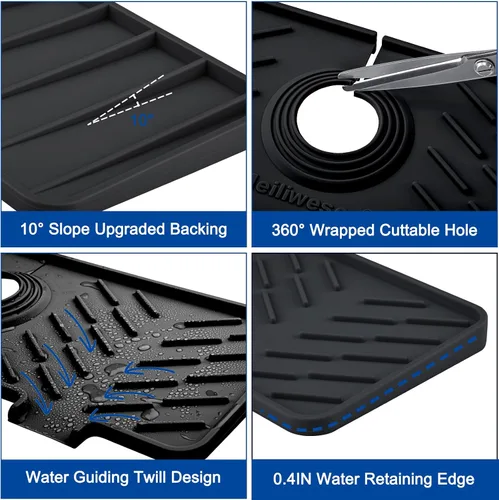 Vista 5 de Alfombrilla de Silicona para Grifo de Fregadero de Cocina – Gen 3 Protector contra Salpicaduras con Pendiente de 10° con Orificio Recortable