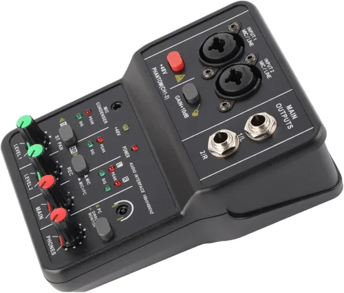Vista 4 de Mezclador de audio, 2 canales, mezclador estéreo de audio USB 48 V, consola de mezcla de sonido compacta para grabación de música, karaoke en casa